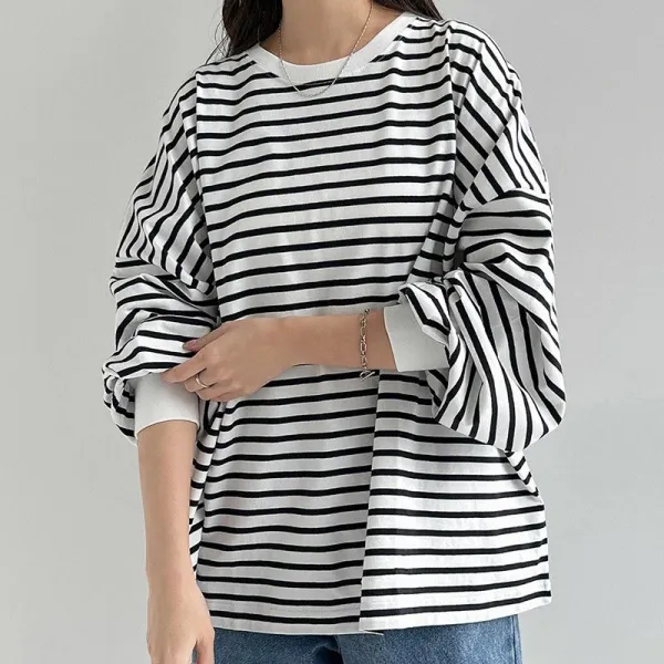 新作発売！ 長袖 ボーダー 無地 切り替え ランタンスリーブ 韓国系 Tシャツ
