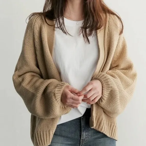長袖ニットファッション韓国系切り替えショート丈コーディガン