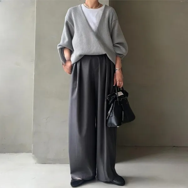 【セットアップ】Vネック切り替えデザイン 長袖スウェット＋スーツパンツ セットアップ レディース
