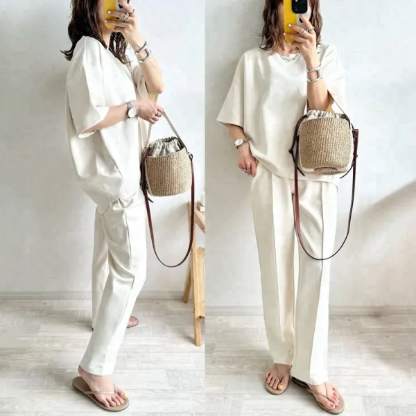 今だけ!期間限定【2点SET】マストバイ！体型カバー ゆる感Tシャツ+ ハイウエストパンツ 美脚見えセットアップ