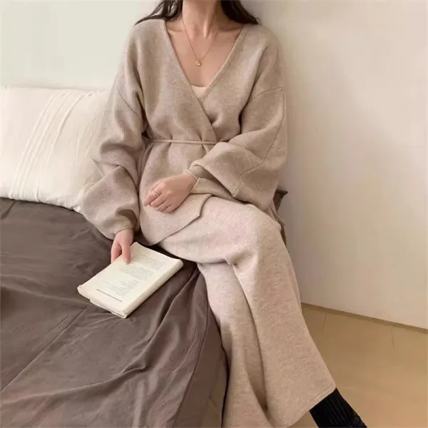 【2点セット】韓国風 ゆったり ニットカーディガン＋ワイドパンツ 2点セット レディース 秋冬 コーデセッ