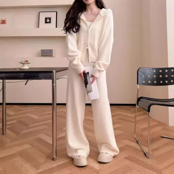 【セットアップ】カーディガン  ワイドパンツ  ファスナー  セットアップ  カジュアル  ニット  ニット / セーター  ゆったり  フード付き  若く見え  レイジー風  おしゃれ / ファッション  レディース  セットアップ