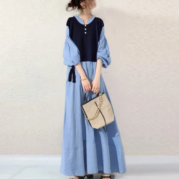 【春NEWタイプ発売！】カジュアル Vネック ランタンスリーブ 切り替え ハイウエスト ワンピース 夏服 夏コーデ ファッション 今日のコーデ 大人コーデ レディース