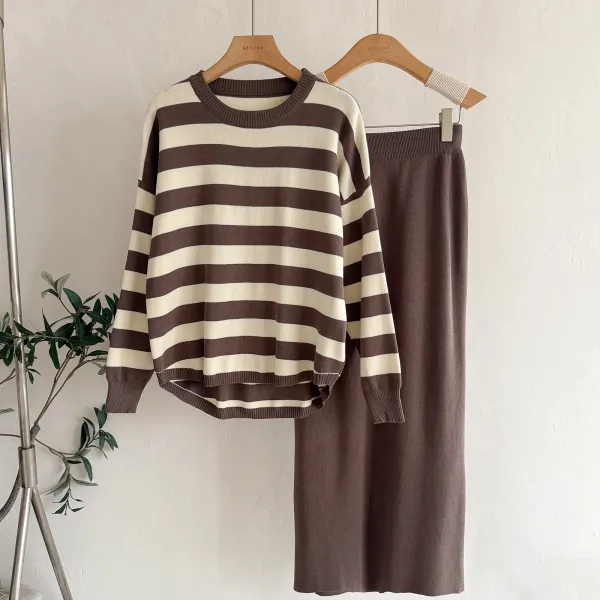 【セットアップ  ニ】 ファッションセットアップ 長袖Tシャツ＋ハイウエストニットスカート 2点セット