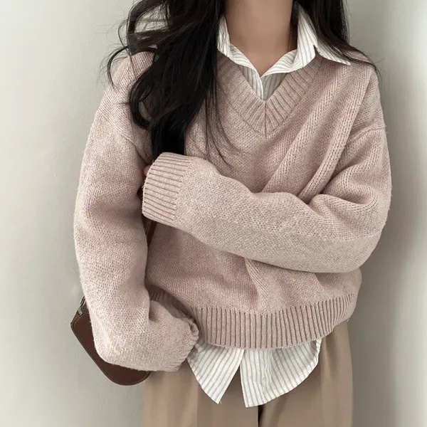無地  ニット  ニット / セーター  長袖  ゆったり  Vネック  プルオーバー  秋  暖かい  インナー  レディース