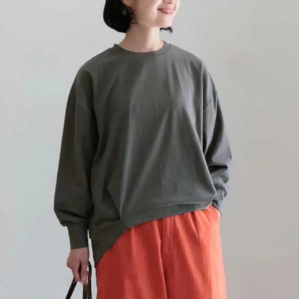 Tシャツ  無地  コットン  長袖  ゆったり  クルーネック  秋  デザイン  コットン100%  新作  デザイン性  レディース