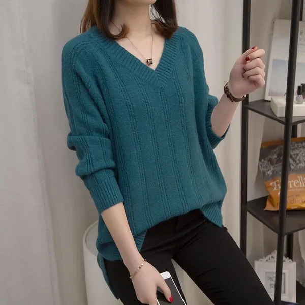 楽で暖かく Vネック スリット ゆったり 着瘦せ 無地 長袖 M~3XL ニット セーター