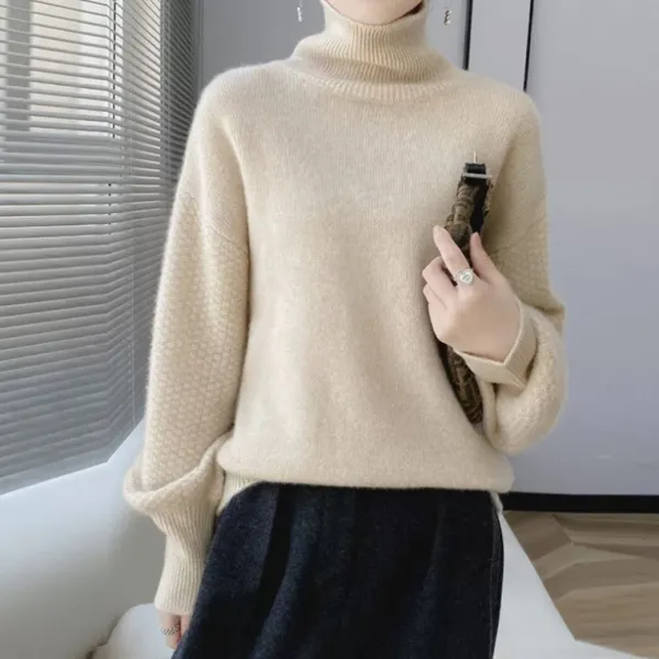 新作10%OFF大人っぽさを演出しハイネックきれいめ系フェミニン無地ランタンスリーブニット・セーター