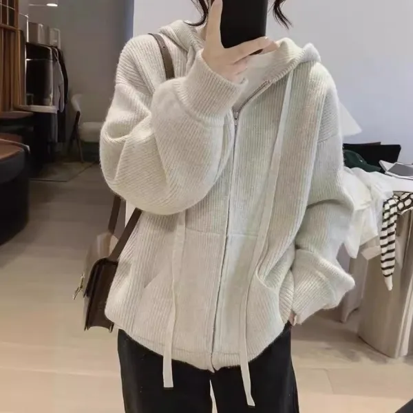 着回し力抜群気質アップファッション感満々ボウタイファスナーフード付き森ガールカジュアルレディースカーディガン