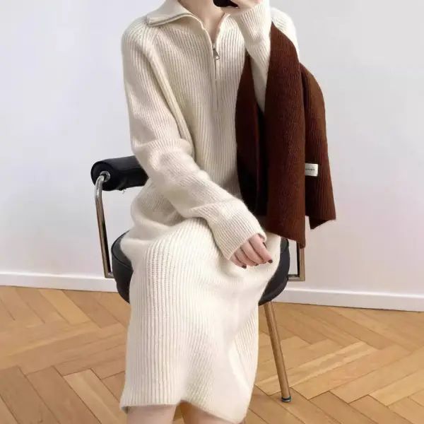 新作10%OFF女性らしさ全開♡スタンドネックファスナーストレート長袖無地レトロニットワンピース