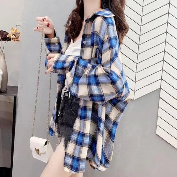 SNSで話題沸騰折り襟ランタンスリーブ長袖ボタンチェック柄シンプルカーディガン