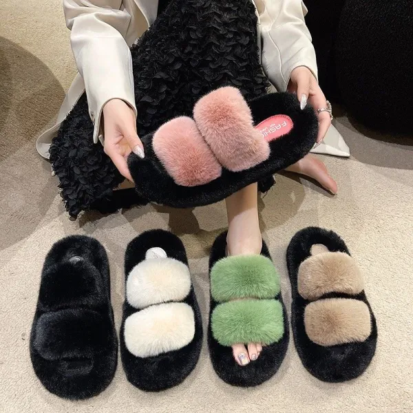 好感度UPプラットフォーム厚底滑りとめプラットフォーム裏起毛暖かいファー配色パンプス