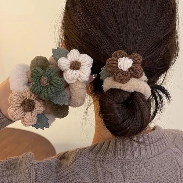 絶対可愛いシンプルスウィートキュート配色ニットアーティフィシャルフラワー輪ゴムヘアアクセサリー