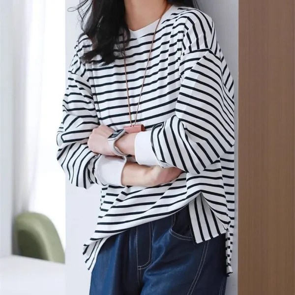 存在感抜群長袖プルオーバーボーダーラウンドネックコーディネート自在韓国系Tシャツ