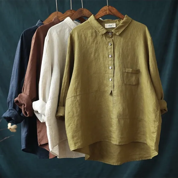 綿麻素材カジュアル無地折り襟全5色リネン生地レディースシャツ・ブラウス