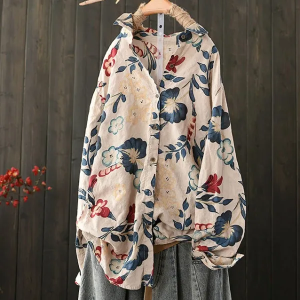 森ガール花柄プリント長袖綿麻レディースシャツ・ブラウス