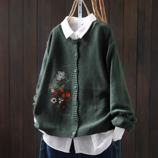 新品殺到スタイルアップ刺繍長袖ラウンドネック森ガールカーディガン