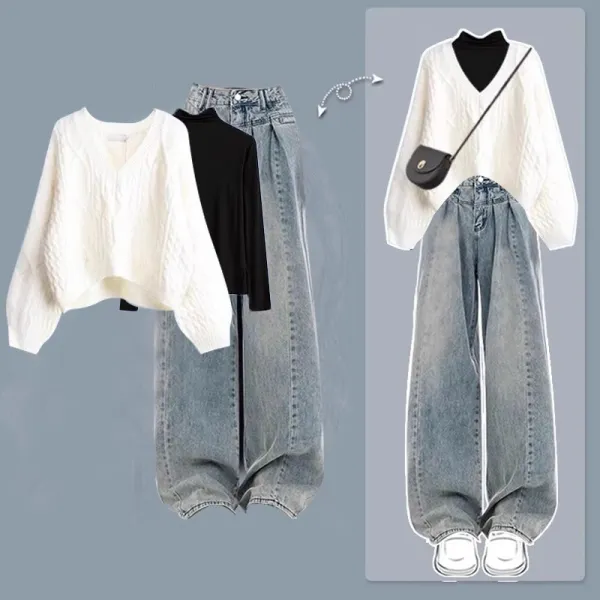 絶対流行無地シンプルダメージ加工Tシャツ+Vネックニットセーター+ハイウエストデニムパンツ