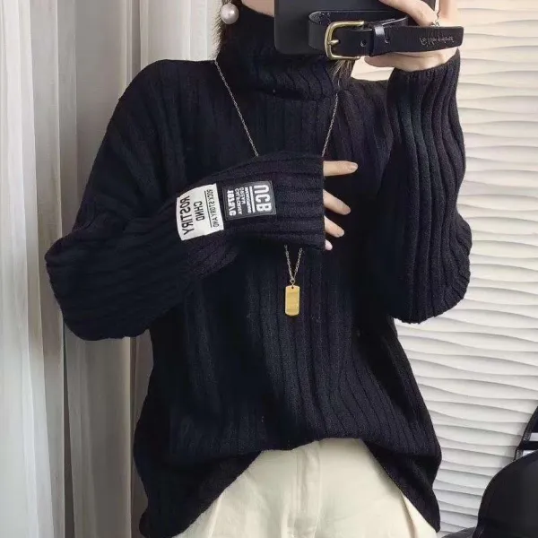 一番安い新作韓国系ファッションデザインハイネックレディース長袖切り替えニット・セーター