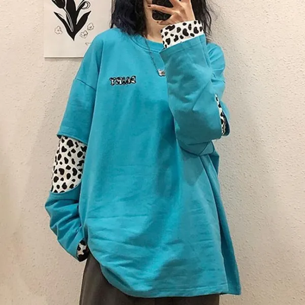多色お選び可切り替えレイヤード配色ヒョウ柄長袖柔軟加工休日レディースTシャツ