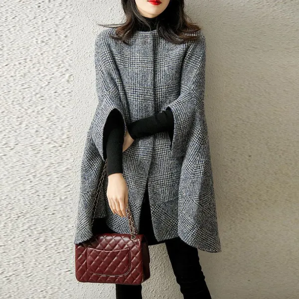 ウールコートレディースレディース冬きれいめポンチョコートマントポンチョケープコートチュニック丈防寒体型カバー暖かい軽量ウールコートボリュームノーカラーコートチェック柄アウター女の子通勤仕事
