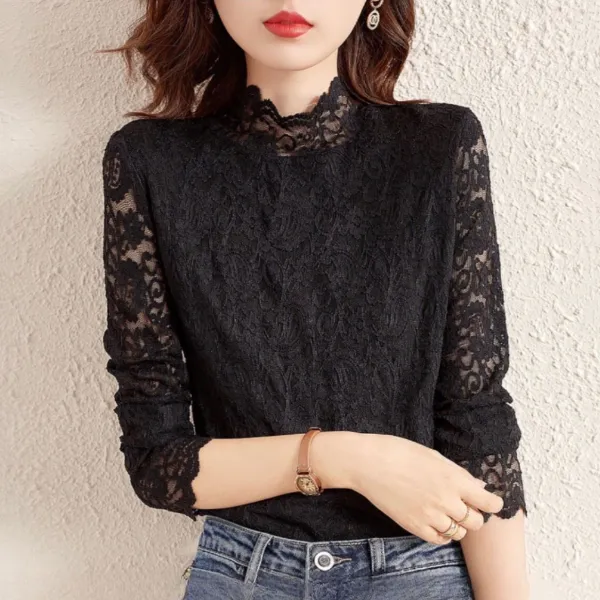 【全2色】シフォンシャツＴシャツカットソーレース透かし編みハーフネック | 上品さたっぷり