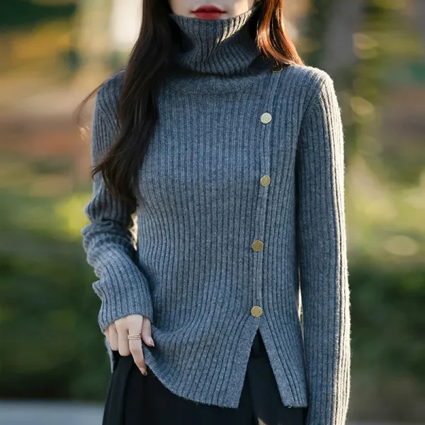 好評発売中 長袖 ボタン 無地 ハイネック 切り替え シンプル ニットセーター