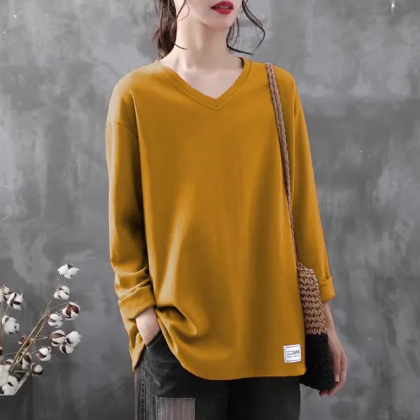 Tシャツ  海外トレンド  長袖  ゆったり  Vネック  韓国風  若く見え  インナー  洗練された