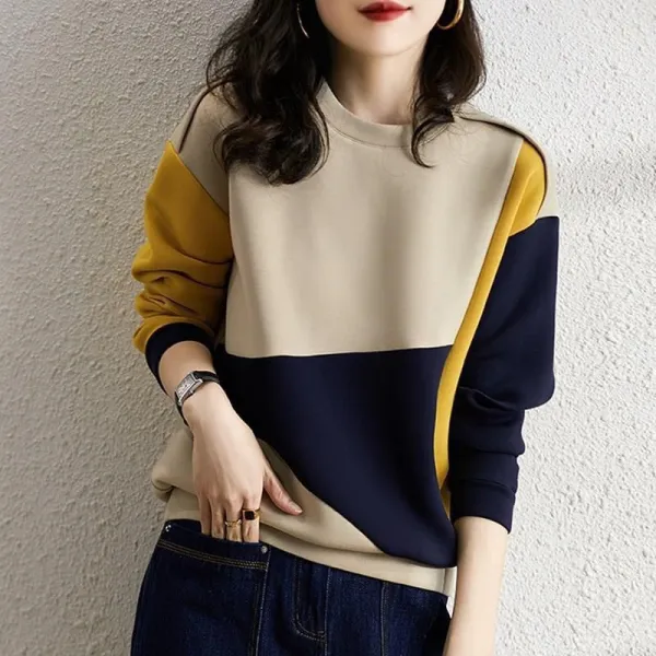パーカー  カラーブロック  長袖  スリムに見える  ゆったり  クルーネック  プルオーバー  春秋  薄  新作  レディース  バイカラー