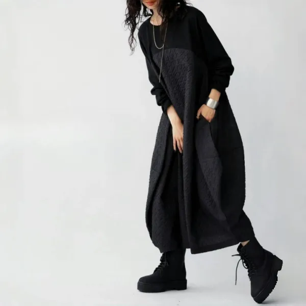 ブラック  ワンピース  切り替え  長袖  ゆったり  クルーネック  通勤/OL  フェイクレイヤード  ポケット  日本風  【2点セット】
