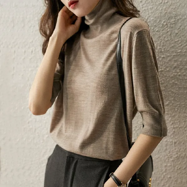 ニット  ニットトップス  タートルネック  薄  レイジー風  インナー  新作  五分袖  レディース  洗練された