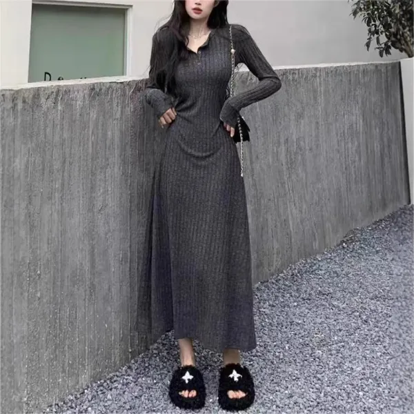 ブラック  ワンピース  ニット  ニット / セーター  ニットワンピース  ロング  冬  気質  インナー  新作  2025  フレンチスタイル  秋冬シーズン  レディース