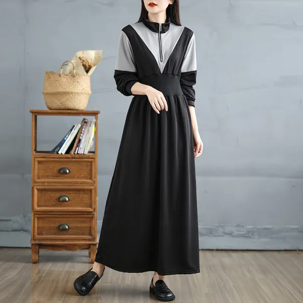 ファスナー  切り替え  カジュアル  スリムに見える  ロング  春秋  気質  フェイクレイヤード  大きめサイズ