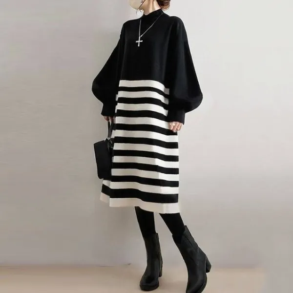 ランタンスリーブ  ワンピース  ストライプ柄  ニット / セーター  ゆったり  タートルネック  新作  日本風  カジュアルドレス