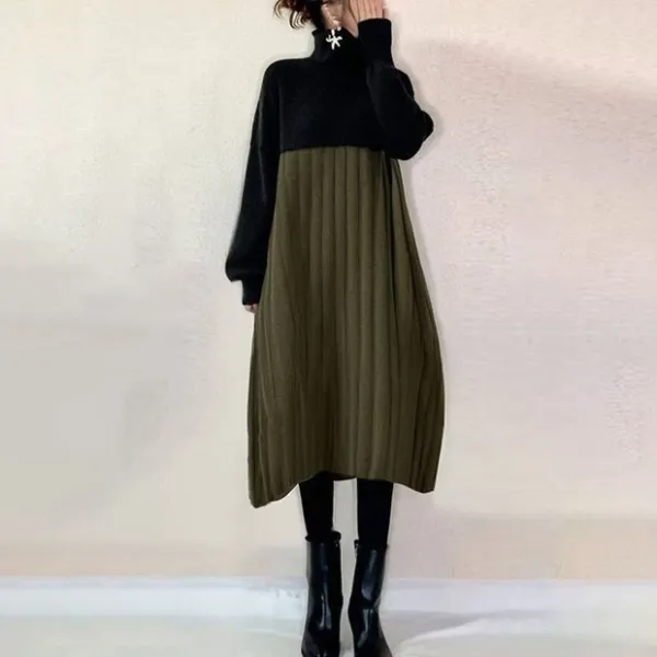 ワンピース  ニット / セーター  長袖  タートルネック  冬  新作  2025  日本風  バイカラー