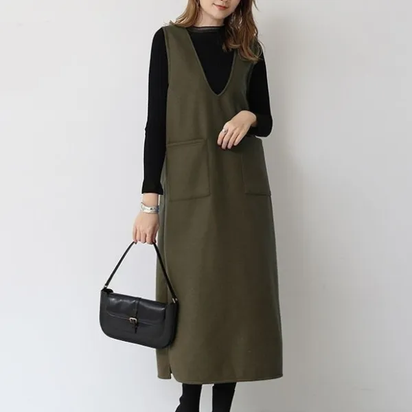 流行の予感ポケット付きストレートVネック無地ノースリーブカジュアルワンピース