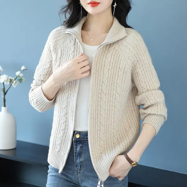 【全5色】ニットセーター無地ファスナースタンドネック長袖｜快適ゆったり通勤