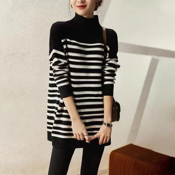 ニットセーターハイネックボーダー長袖｜着痩せ防寒