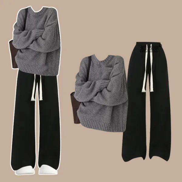 単品可2点セット｜ラウンドネック長袖 無地ストレートトップス+パンツ | 流行の予感