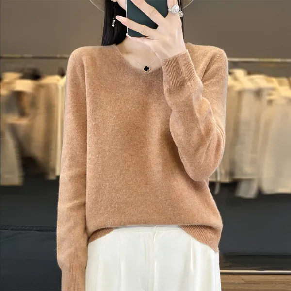 【全14色】ニットセーター無地長袖プルオーバーVネック｜快適ゆったり通勤