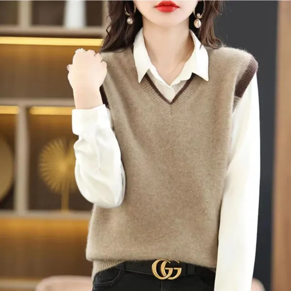 【全3色】ベストVネック細身シルエット配色柔軟加工シンプル