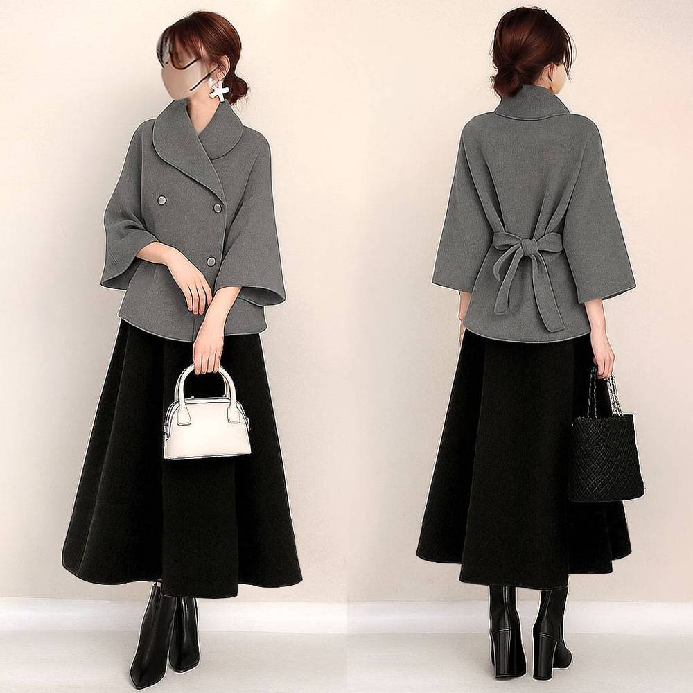 グレー/アウター+ブラック/スカート/２点セット