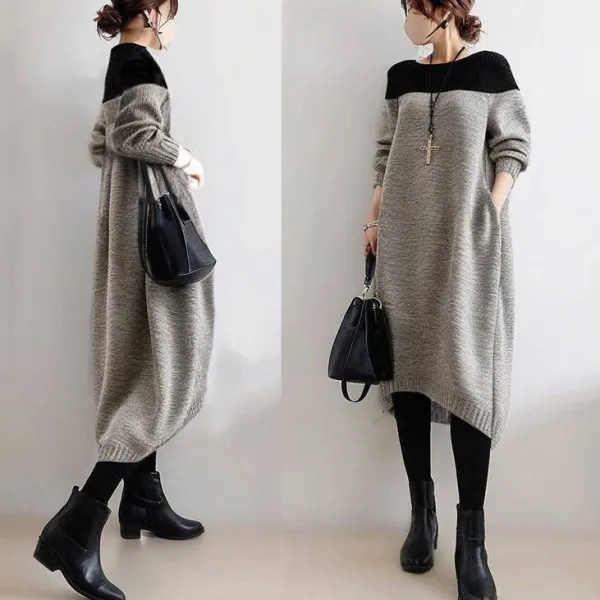 『大人が着たいアイテム』 ラウンドネック ストレート ポケット付き 長袖 配色 カジュアル ニットワンピース