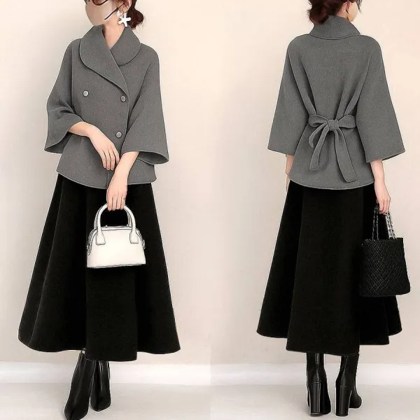 【単品注文】セットアップ 今季人気 無地 ボタン 七分袖 ボウタイ Aライン 定番 スカート+アウター