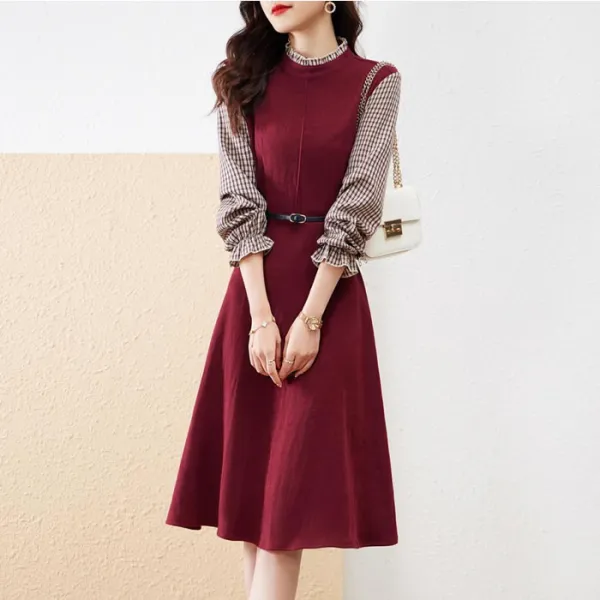ワンピース  切り替え  エレガント  冬  普通  気質  おしゃれ / ファッション  秋冬シーズン  レディース  ミディ丈 / ミディアム丈  バイカラー