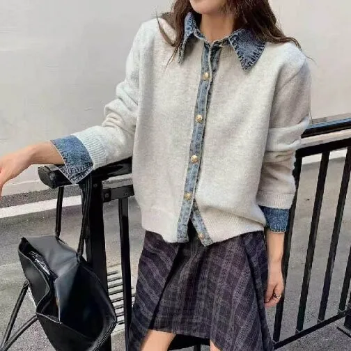 ニット カーディガン デニム 切り替え ニット セーター トップス レディース 春 秋 冬 長袖 ニット カーディガン 異素材切り替え デニム ニット セーター ゆるカーディガン