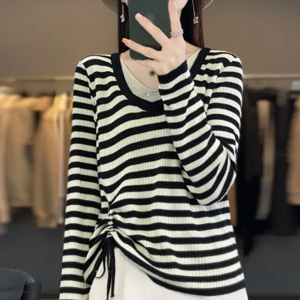 ニットセーターレイヤード / 重ね着風ラウンドネック着痩せ効果長袖ボーダー｜柔らかくて優しい印象