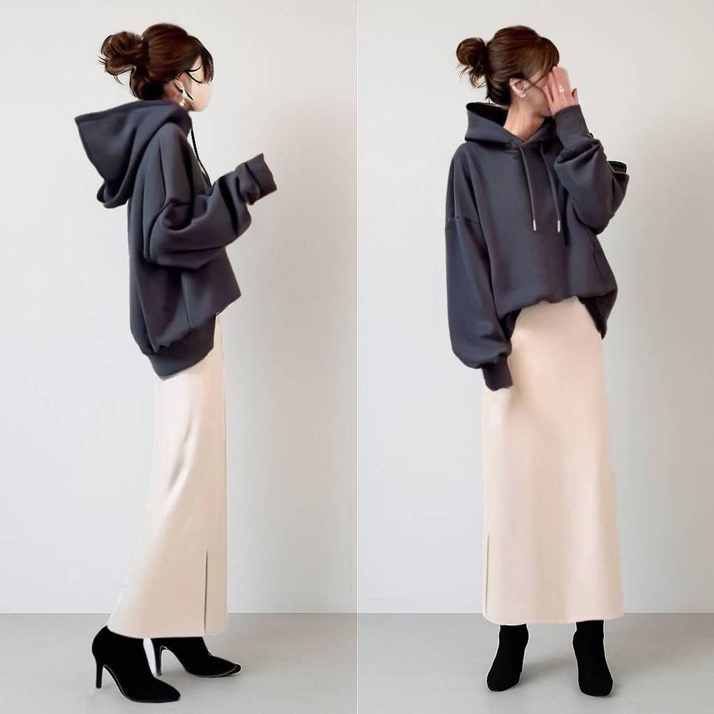 ダークグレー/トップス+ベージュ/スカート/2点セット