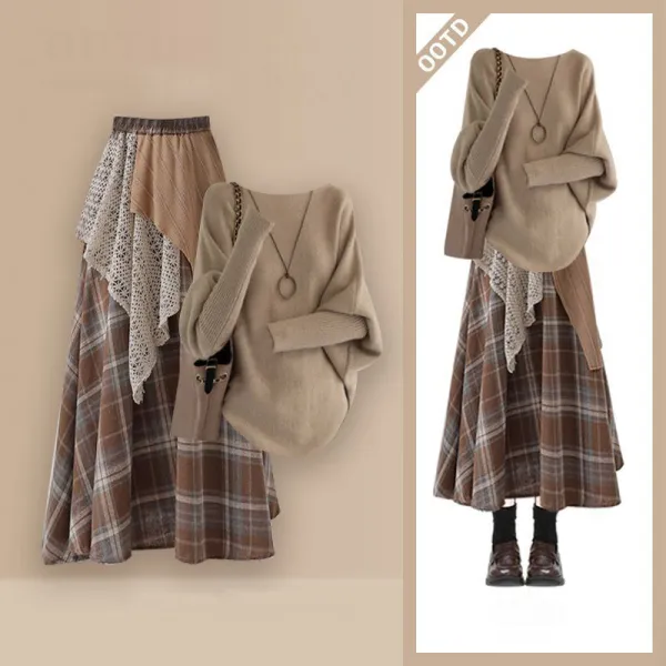 単品可2点セット｜無地長袖防寒トップス+スカート｜体型カバー