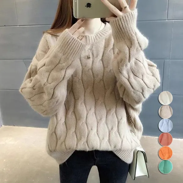 【全6色】ニットセーター体型をカバーラウンドネック長袖防寒 | 売れ筋